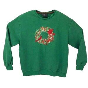 BonWorth green Christmas wreath birds women's sz L sweater sweatshirt crew neck
